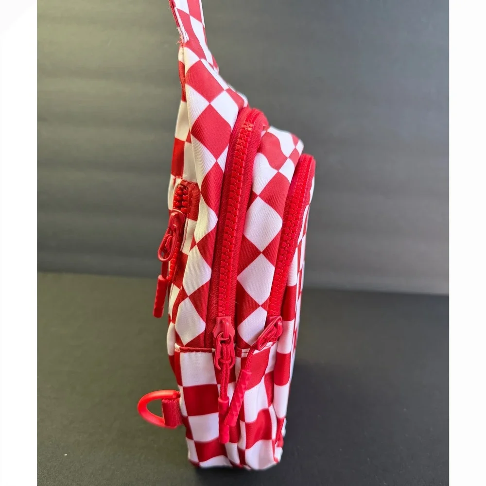 Checkerboard Sling Bag Small Red White Crossbody Backpack Festival Bag Parks
